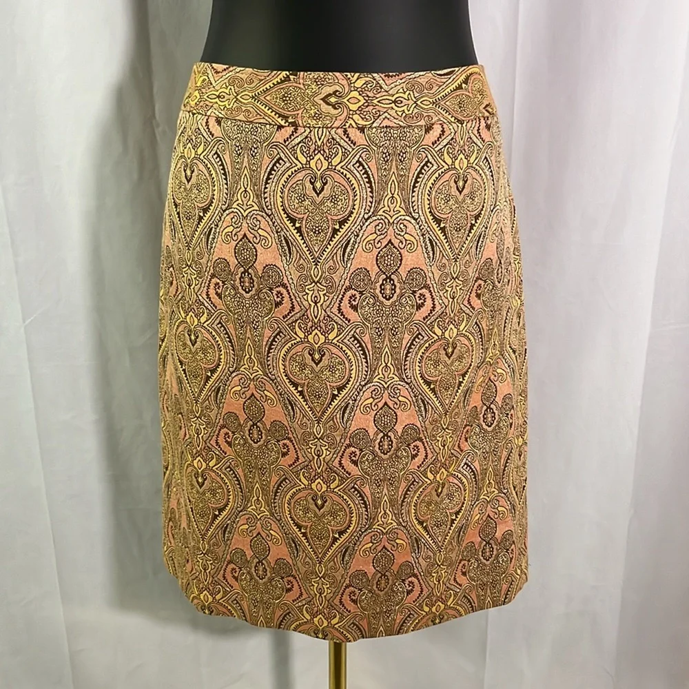 Talbots Pink Yellow & Metallic Gold Jacquard Print Silk Blend Pencil Skirt